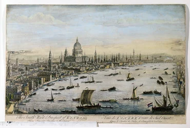 Het zuidwestelijke uitzicht op Londen vanuit Somerset Gardens, gegraveerd door Thomas Bowles, gepubliceerd 1 mei 1750